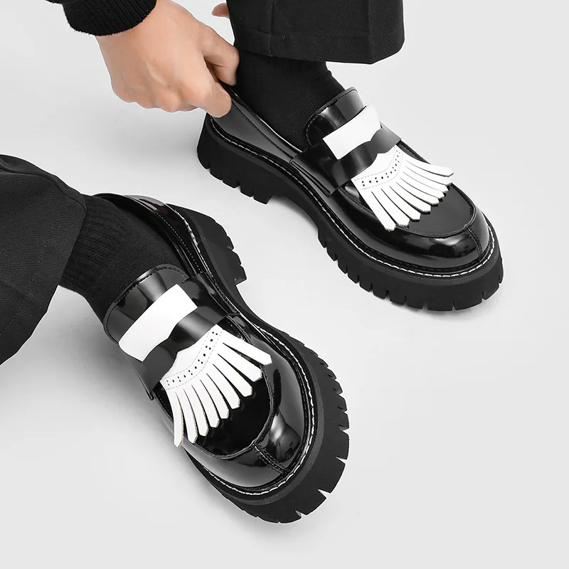 

men's casual hip hop rock platform shoes slip-on patent leather driving shoe designer tassels loafers summer trendy footwear man