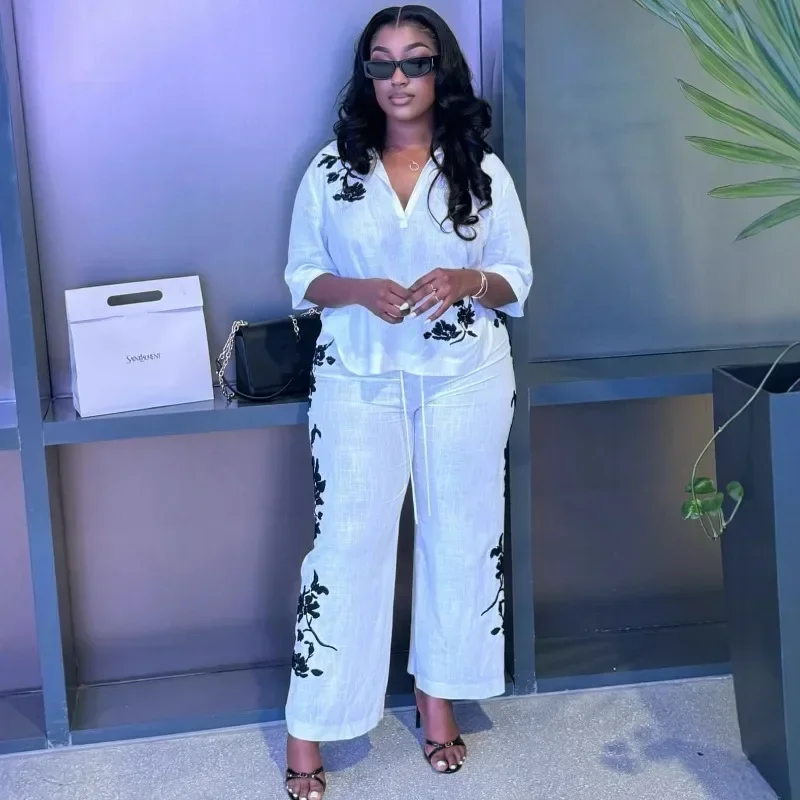 African Fashion Women Turn Collar Print Top Long Pants Set Polyester 100 Loose Fit Casual Elegant Ladies Outfit