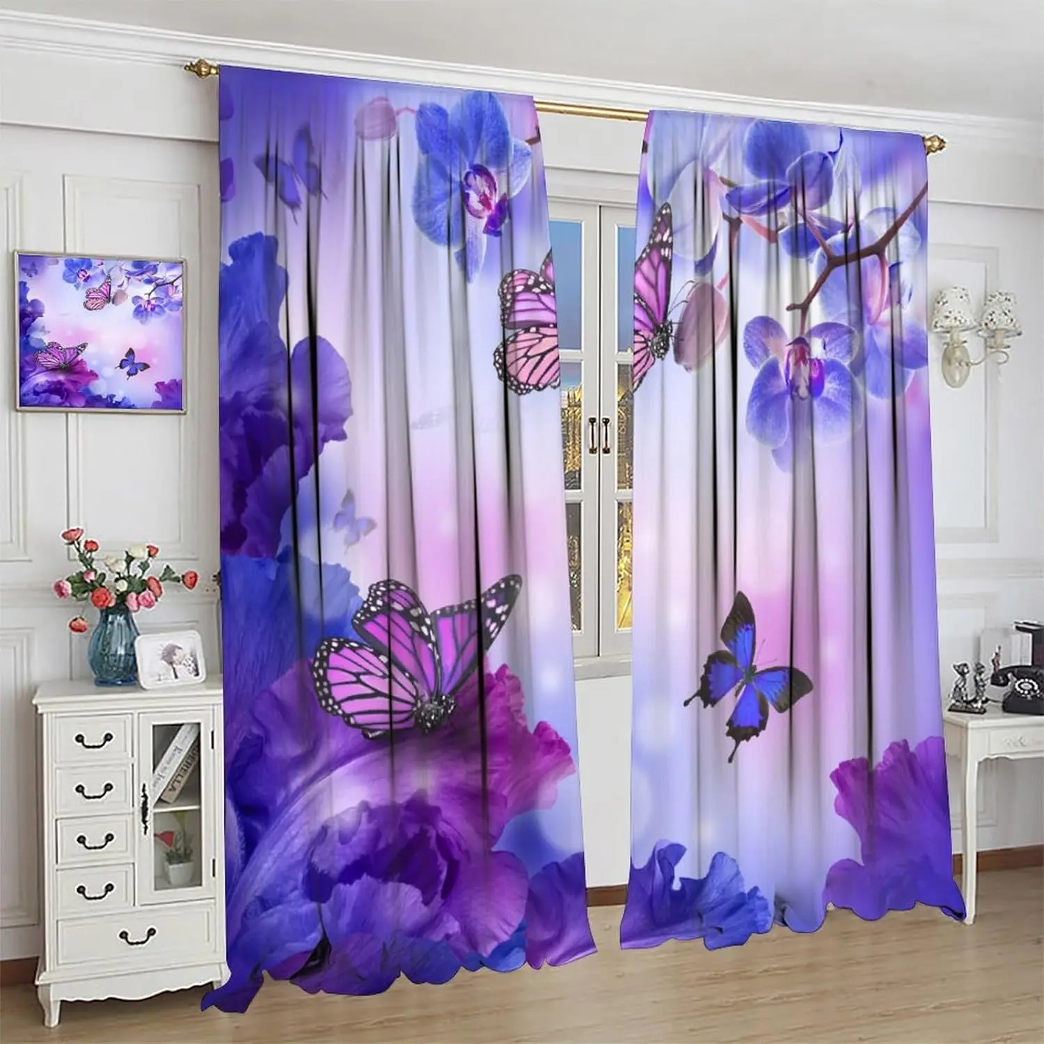 

Butterfly Flower Curtains,Purple Floral Window Treatments for Bedroom Living Room Kitchen Rod Pocket Polyester Fabric Home Décor