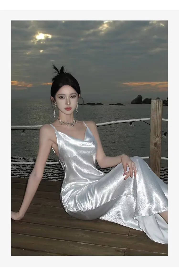 Mùa Hè Mới Không Tay Cao Eo Trắng Elegantwomen Của Váy Dây Đeo Spaghetti Sexy Midi Dress Phụ Nữ Văn Phòng Bên Người Nổi Tiếng Quần Áo