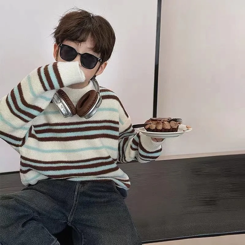 

Boys Woolen Sweater Cotton Knitting Windbreak 2025 Loose Plus Thicken Autumn Winter Outwear Sport Teenagers Christmas Warm Child