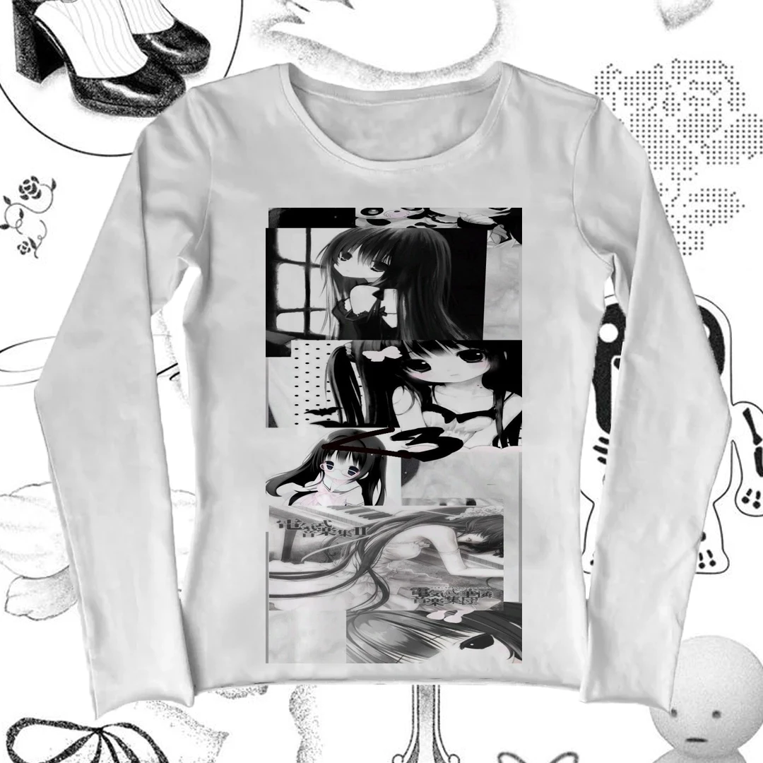 Shoujo Girl Style Graphic Tees Y2k Kitty Crop Top Damen Damen Kleidung Langarm Grafik T-Shirts Emo Gothic Kawaii Kpop Goth