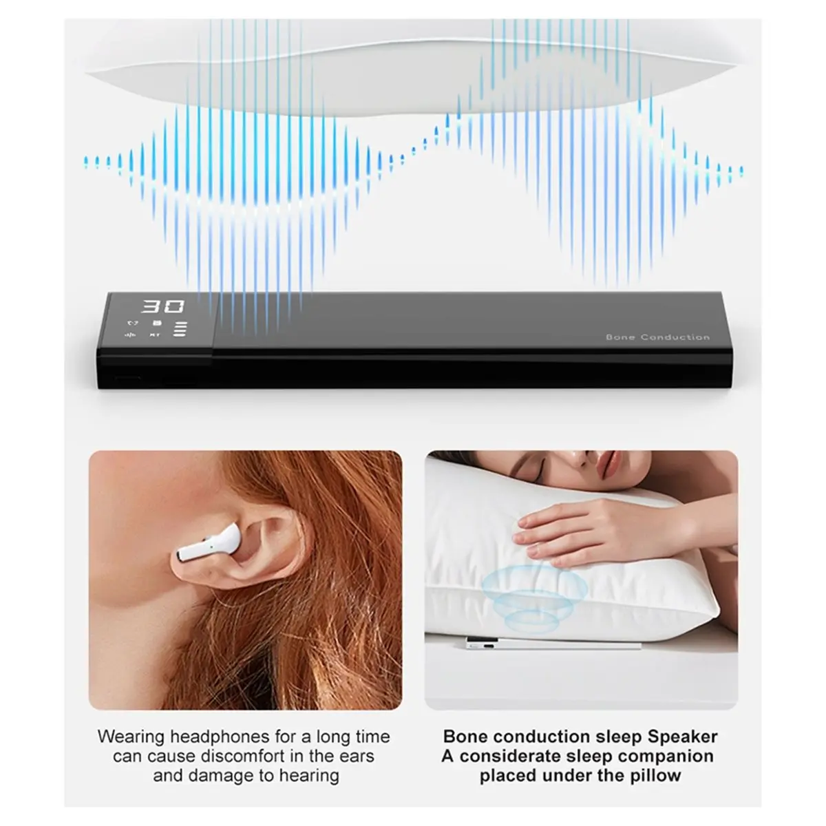 A48U Upgrade Under Pillow Bone Conduction Bluetooth Speaker White Noise Sleep Aid Soundbar TF MP3 Player Timed Shutdown Black