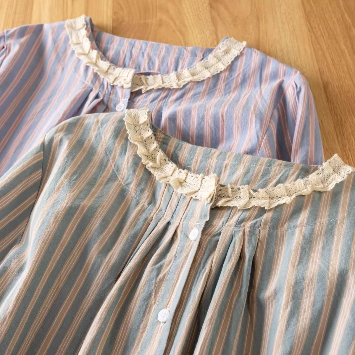 

2025 Japanese vintage clothing 100% cotton lace patchwork striped shirts and blouses summer women's clothing