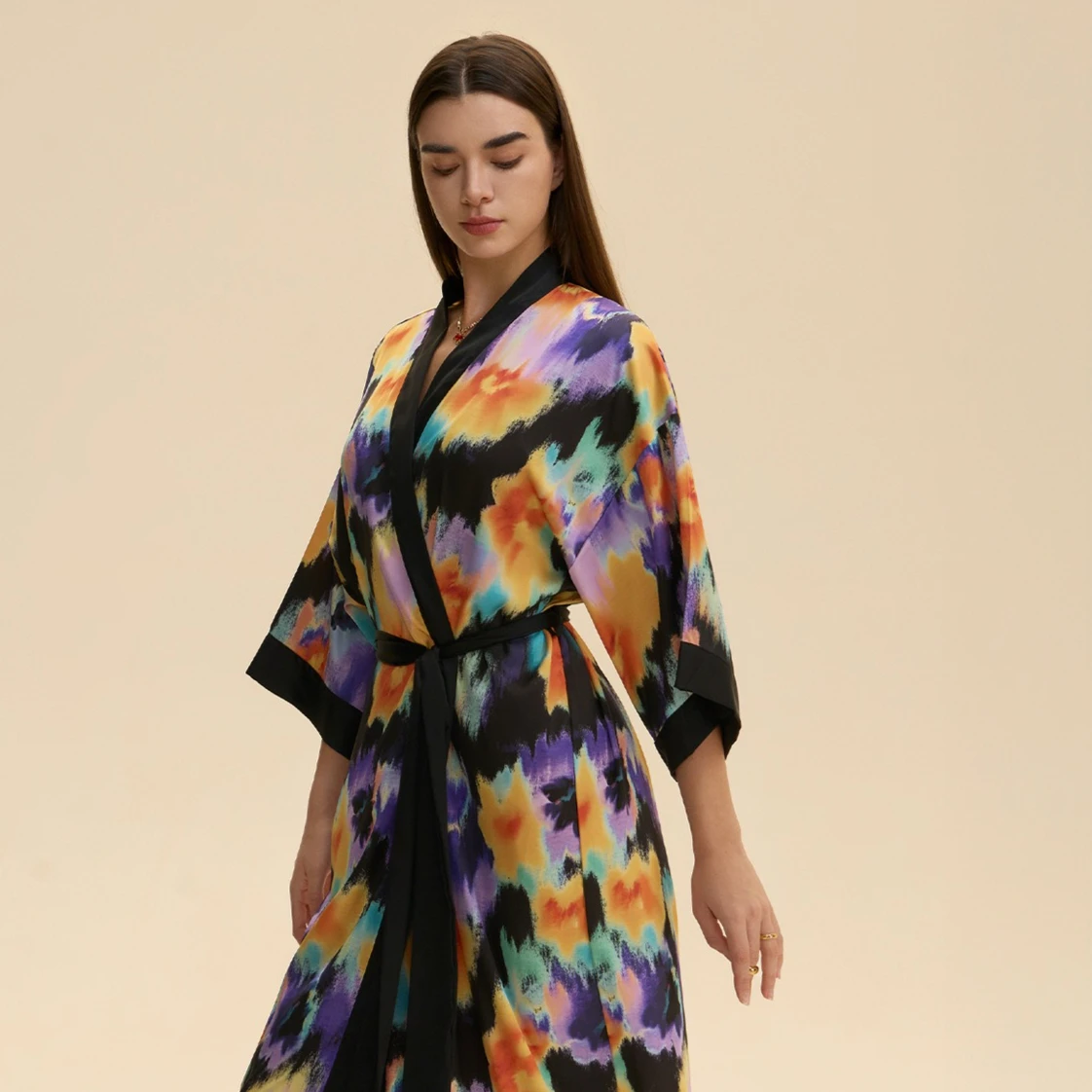 Spring Summrer Female Long Robe Sleepwear Print Kimono Bathrobe Gown Half Sleeve Nightgown Loose Satin Home Dress Lounge Wear