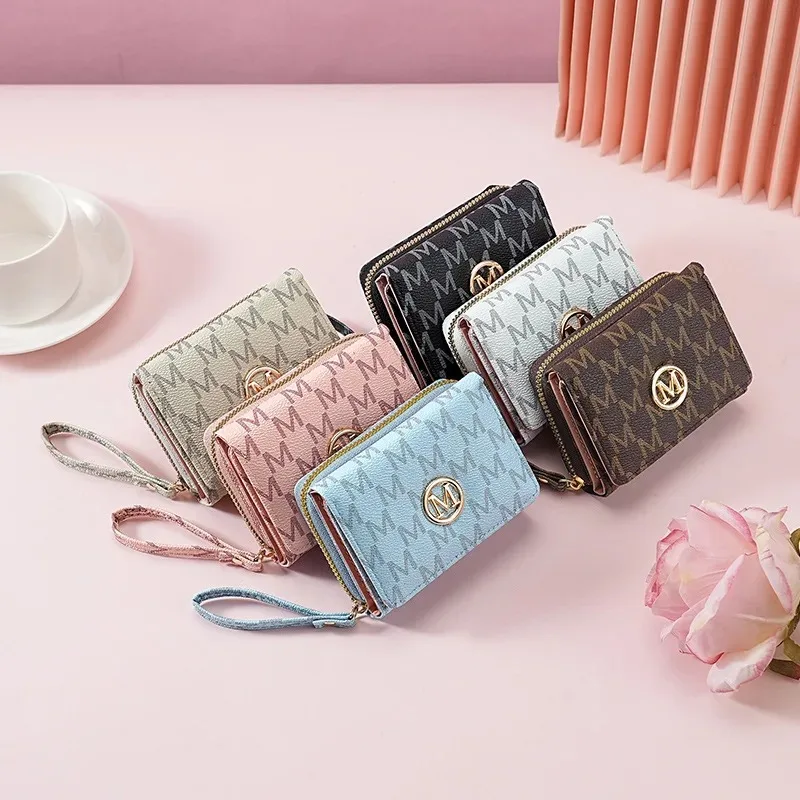 Threefold Zipper Wallet with Letter Pattern, Stylish Multi Color Card Holders & Wrist Straps, Purse for Women Chic Everyday Use*