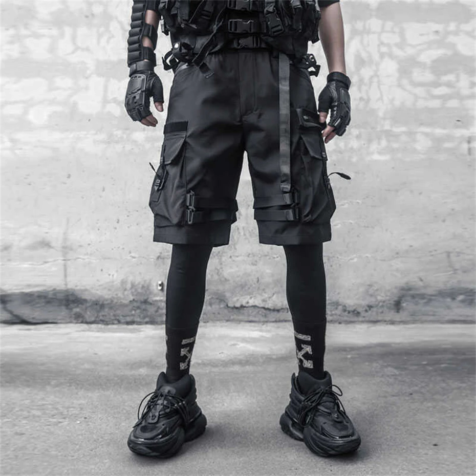 2025 Summer Cargo Shorts Multi Pocket Short Pant Tactical Functional Loose Streetwear Elastic Waist Shorts Black Techwear