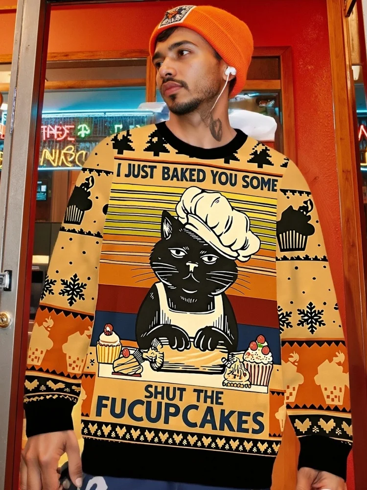 

Модные весенние толстовки с длинными рукавами с забавным котом, пуловеры с принтом тортов Fucup, 2026, мужская праздничная шикарная верхняя одежда