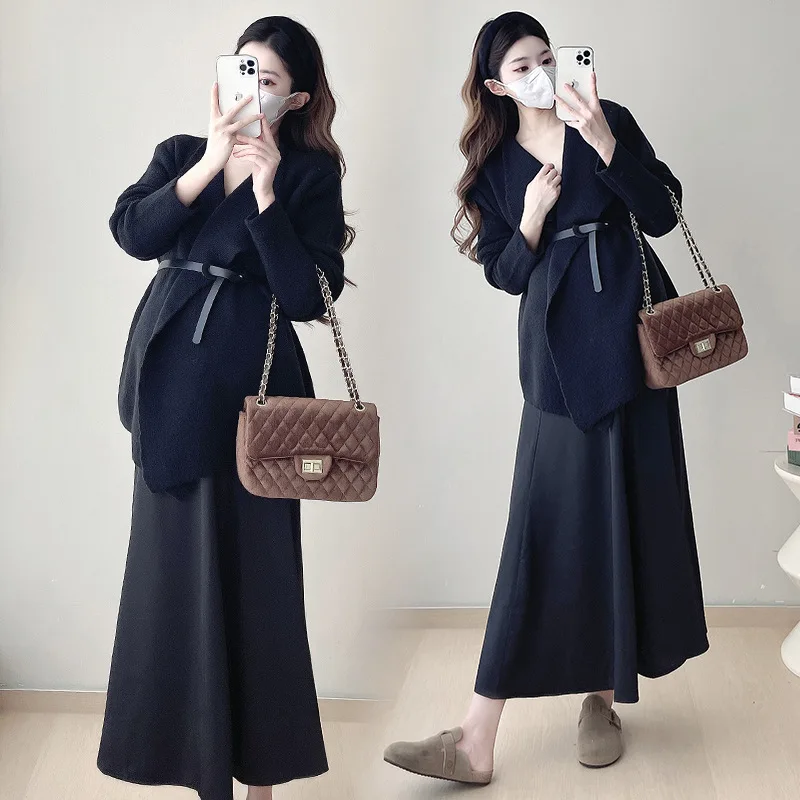 Maternity Wear Fall Winter Clothes Set Elegance Knit Coat With Girdle + Fishtail Skirt  Fashion Models Suit Pregnant Outwear