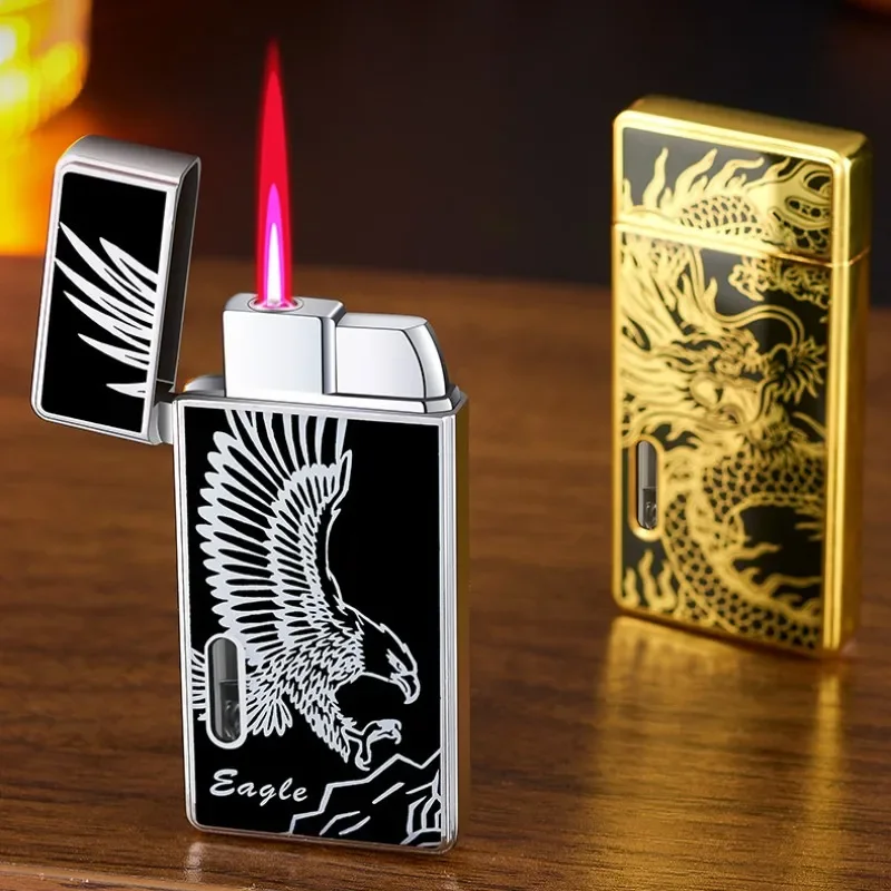 NEW Metal Lighter Visible Gas Inflatable Lighter Windproof Pink Flame Multi layer Craft Dragon Lighter Cigar Smoking cool Gift