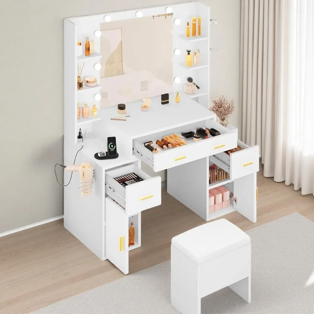 Dressing Table with Large Mirror and LED Light, Makeup Dressing Table with Power Socket, Comfortable Stool and Storage Drawer