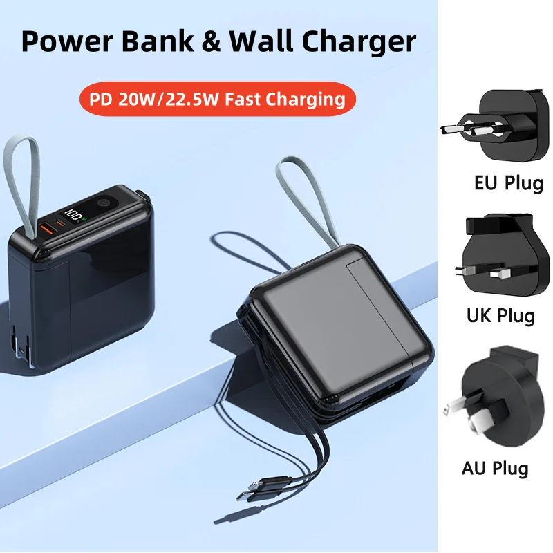 30000mAh Mini Power Bank Wall Charger 22.5W Fast Charging for iPhone 15 Xiaomi Samsung Powerbank with Cable Plug Spare Battery