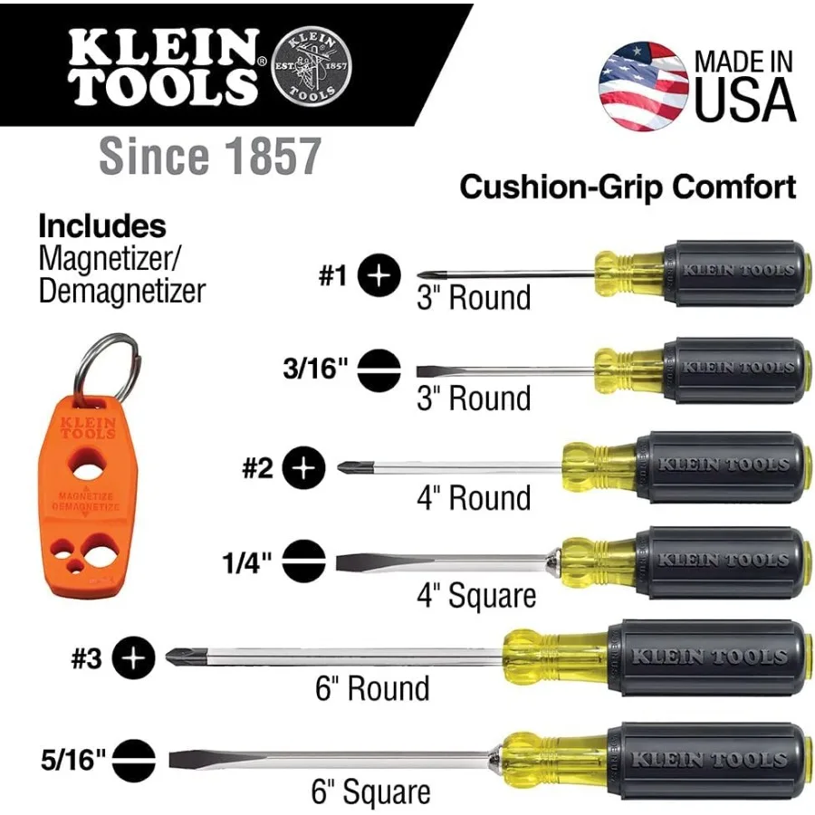 Klein Tools 85146 Screwdriver Set 6pcs Includes Magnetizer Demagnetizer 3 Slotted 3 Phillips Cushion Grip Comfort Precision Mac