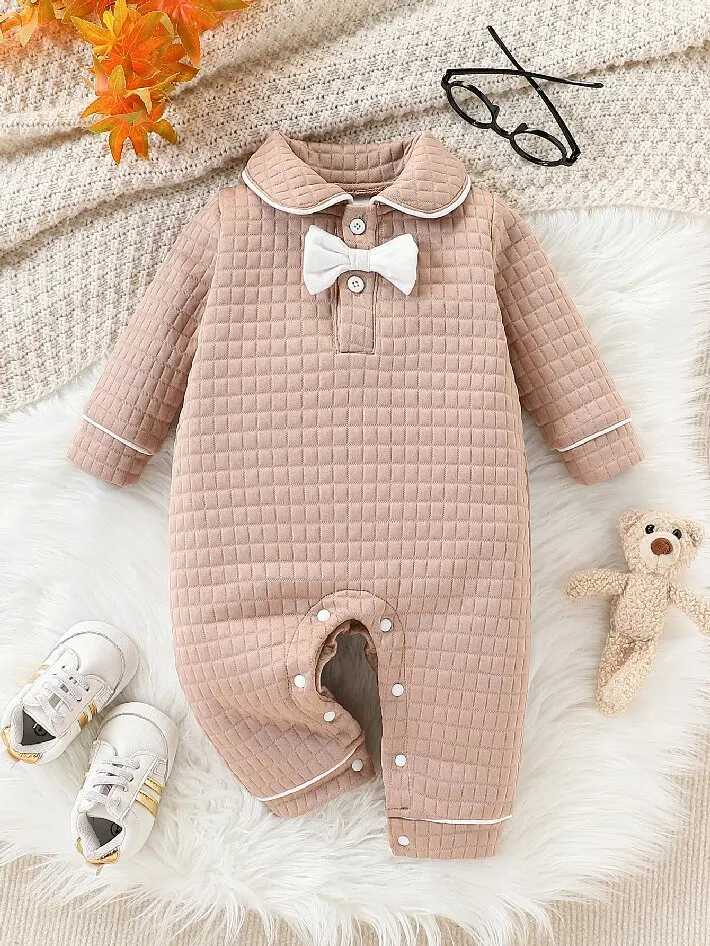 Waffle Texture Infant Boy Long Sleeve Onesie White Bow Tie Collar Snap Closure Warm Quilted Gentleman Jumpsuit Outfit 1-18M