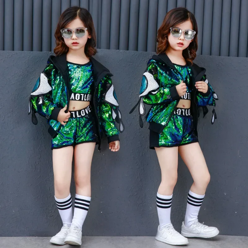 Crop Top Dance Short Pant Girls Hiphop Hoodie Jazz Dance Coat Fashion Dancewear Kleding Pailletten Kids Ballroom Dance Kostuum