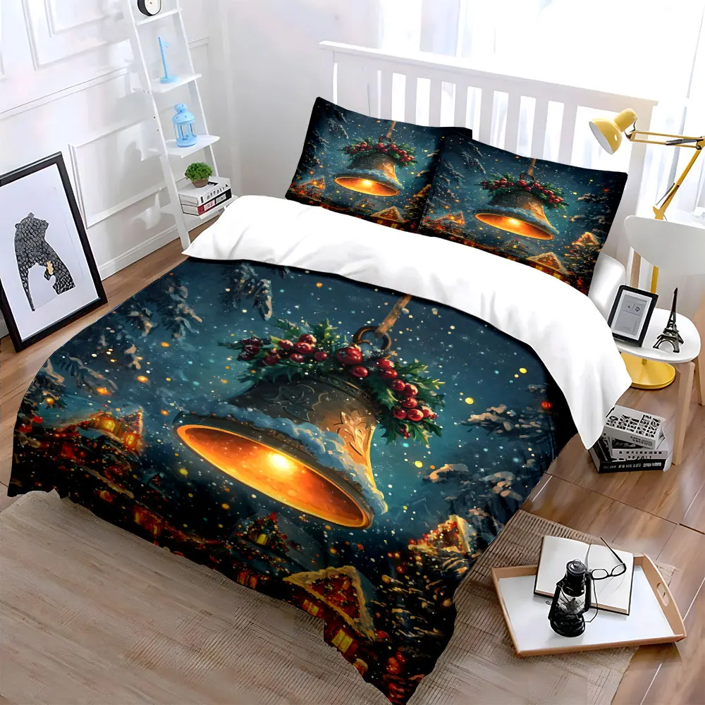 Christmas Bell Holiday Decorations Set Bedding Set with 1 Duvet Cover 2 Pillowcases Single Double King Queen, Gift