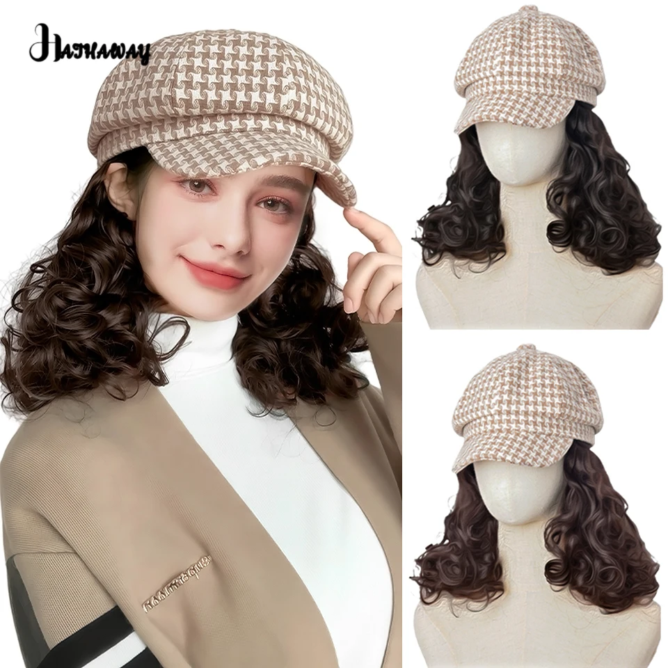 Synthetic Hats And Wigs One Beret Women's Autumn And Winter Plush Hats Thickened Octagonal Painter's Hats Short Curly Wigs Hat