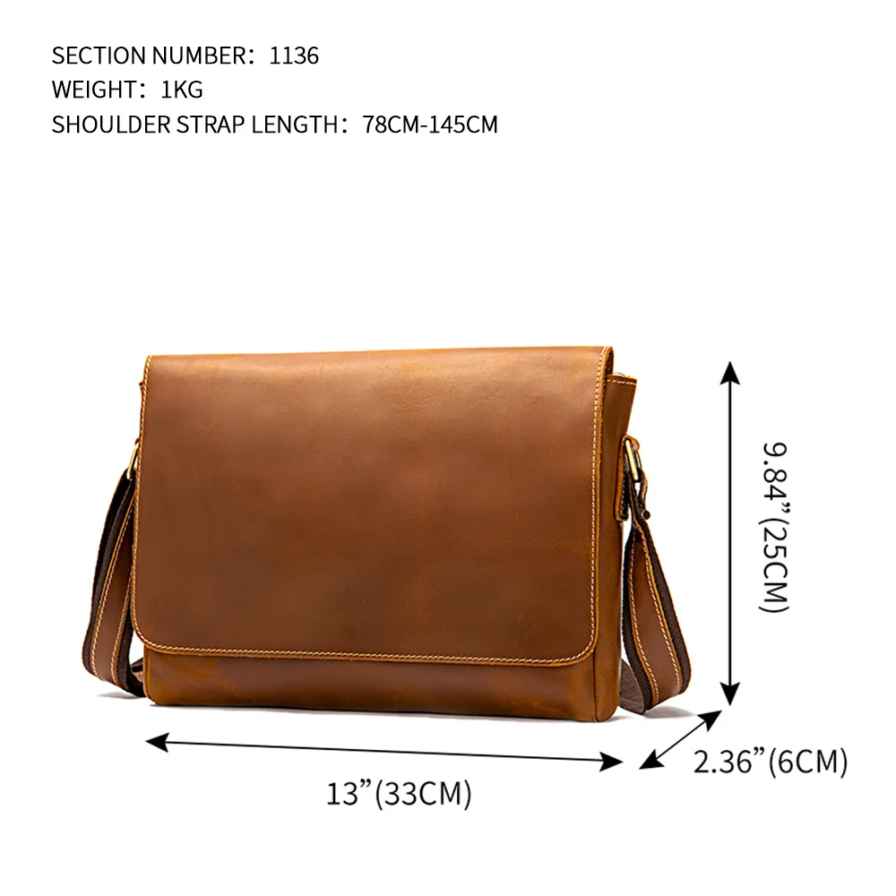 Saco de couro louco do mensageiro do cavalo para homens, sacola retro, sling crossbody, apto para 7.9 "ipad, bolsa de trabalho, 1136