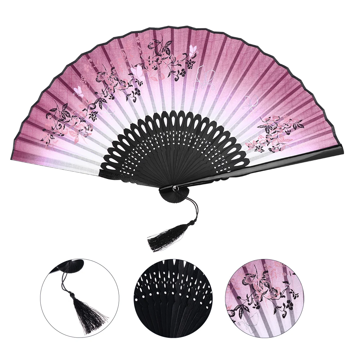 مروحة يد نسائية قابلة للطي من الخيزران والكتان باللون الأحمر الخمري والأسود مع قلادة شرابة لهدية أداء حفلات الزفاف