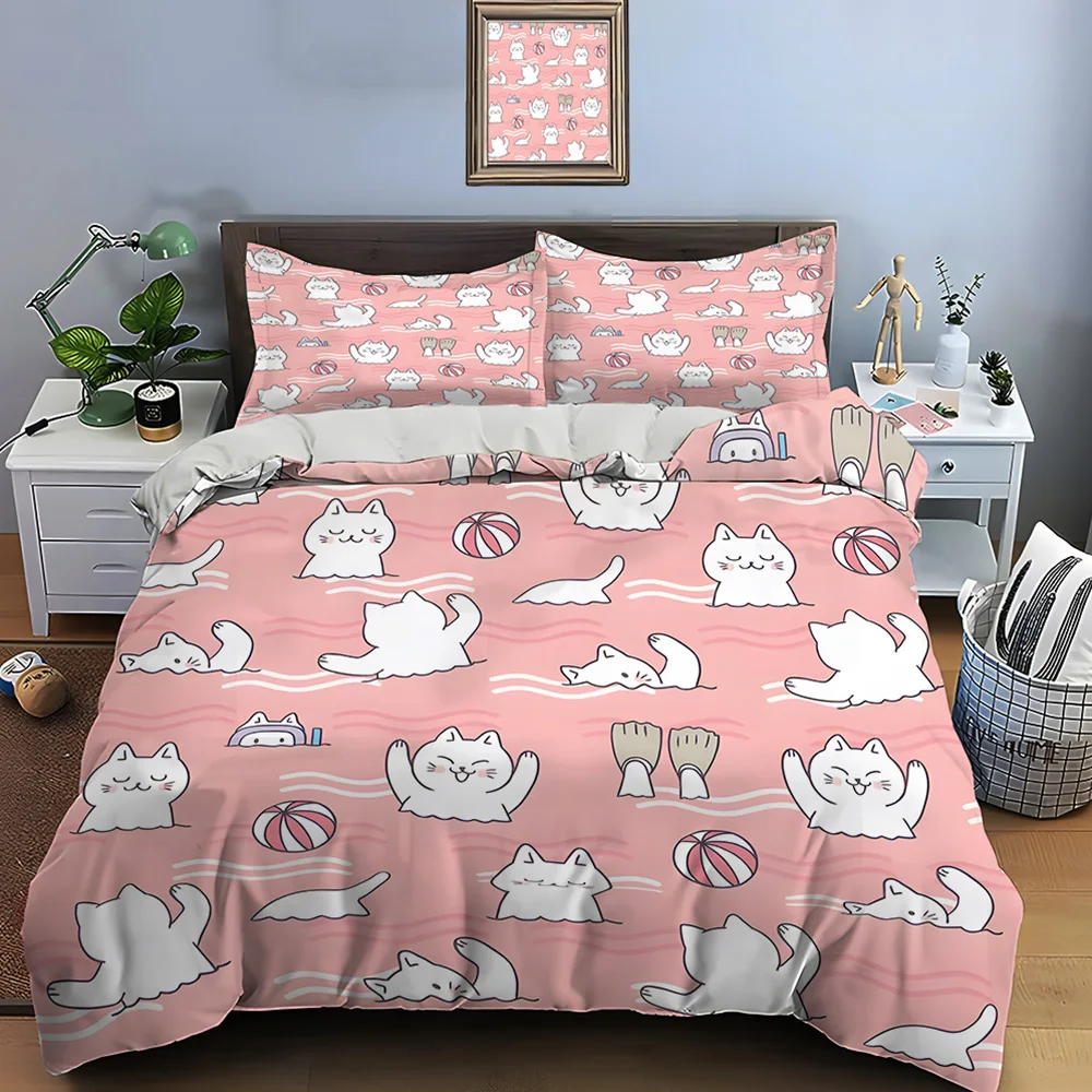 Cute cats swimming pattern Print Bedding Set 1 Duvet Cover 2 Pillowcases for Adult and Children Luxury Gift Full Size