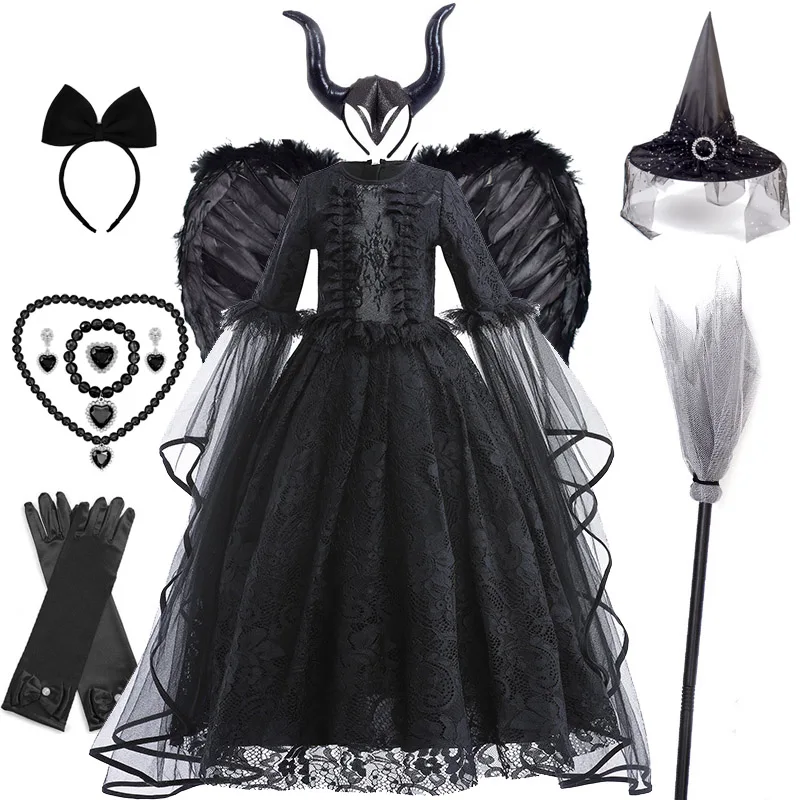 

Halloween Witch Dress Girls Black Evil Queen Cosplay Costume Luxury Lace Ruffles Floor Length Outfits Kids Carnival Frocks