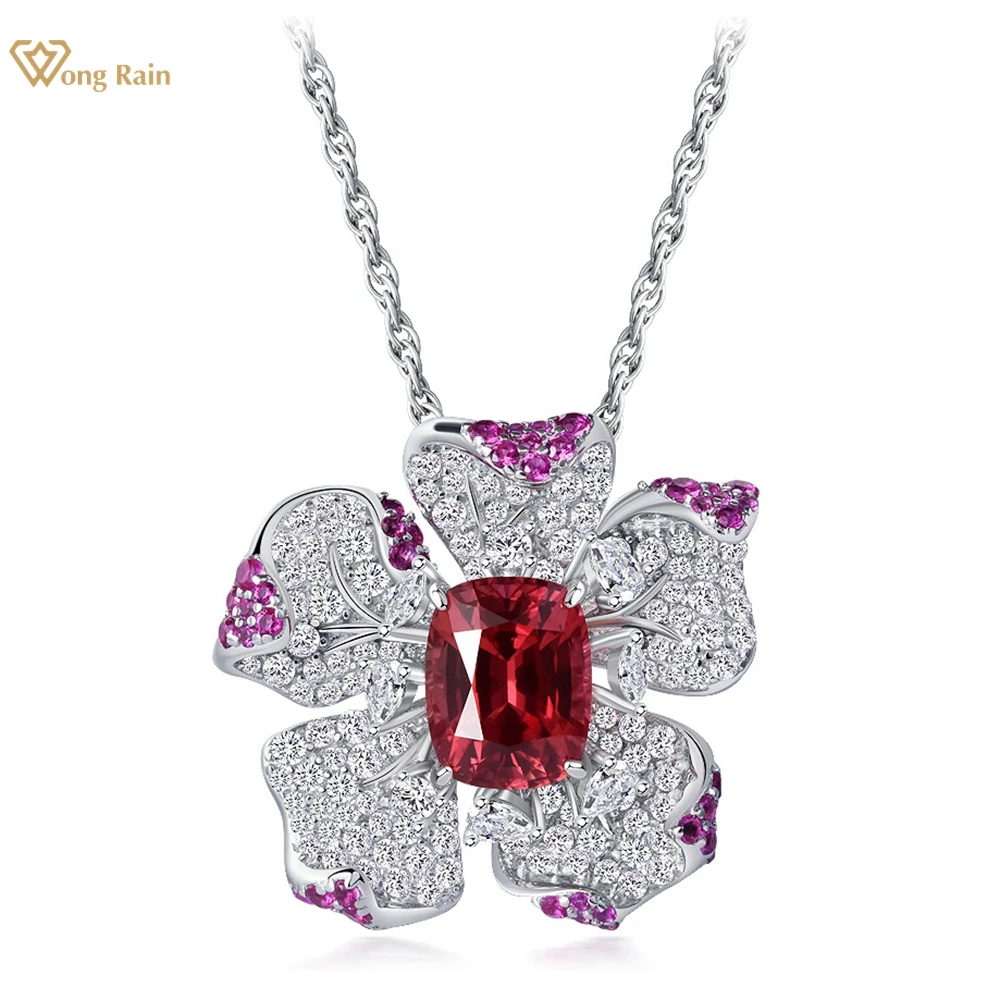 

Wong Rain Luxury 925 Sterling Silver 2CT Ruby High Carbon Diamond Gemstone Flower Pendant Necklace for Women Jewelry Wholesale