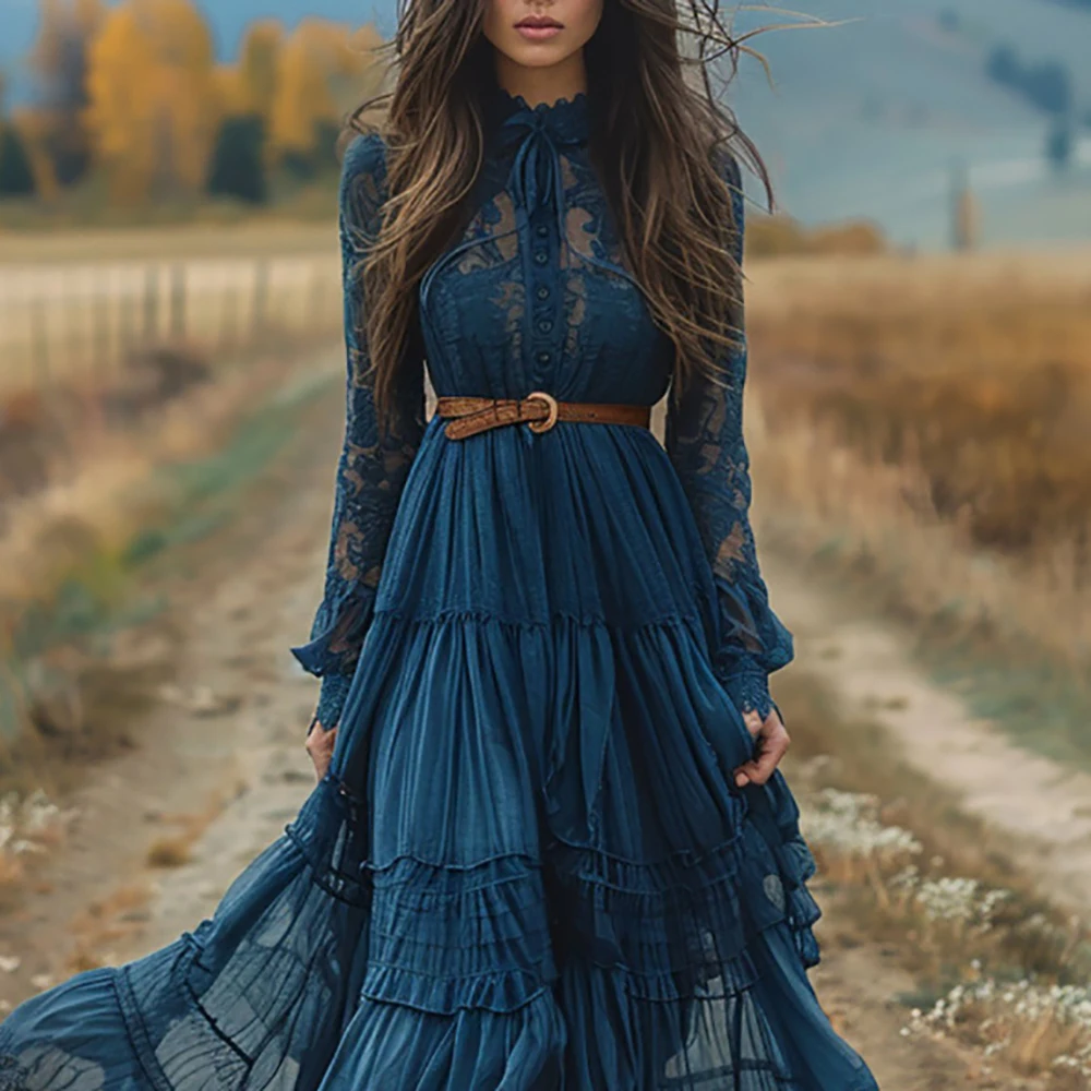 Bohemia azul transparente renda manga longa maxi vestido feminino gola alta gravata frontal plissado em camadas vestido longo flowy vestidos vintage