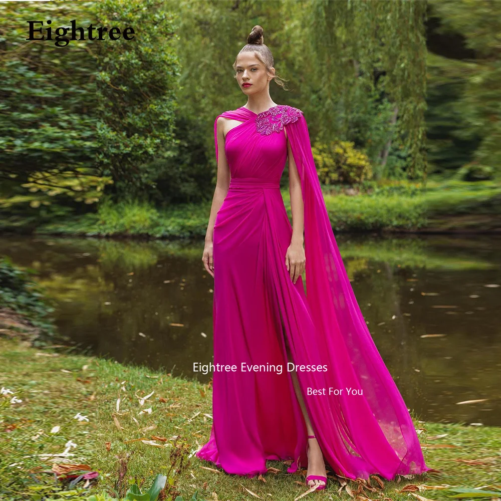 

Eightree Fuchsia Modern Evening Dresses One Shoulder Chiffon Long A Line Slit Appliques Wedding Party Dress Vestidos Para Evento