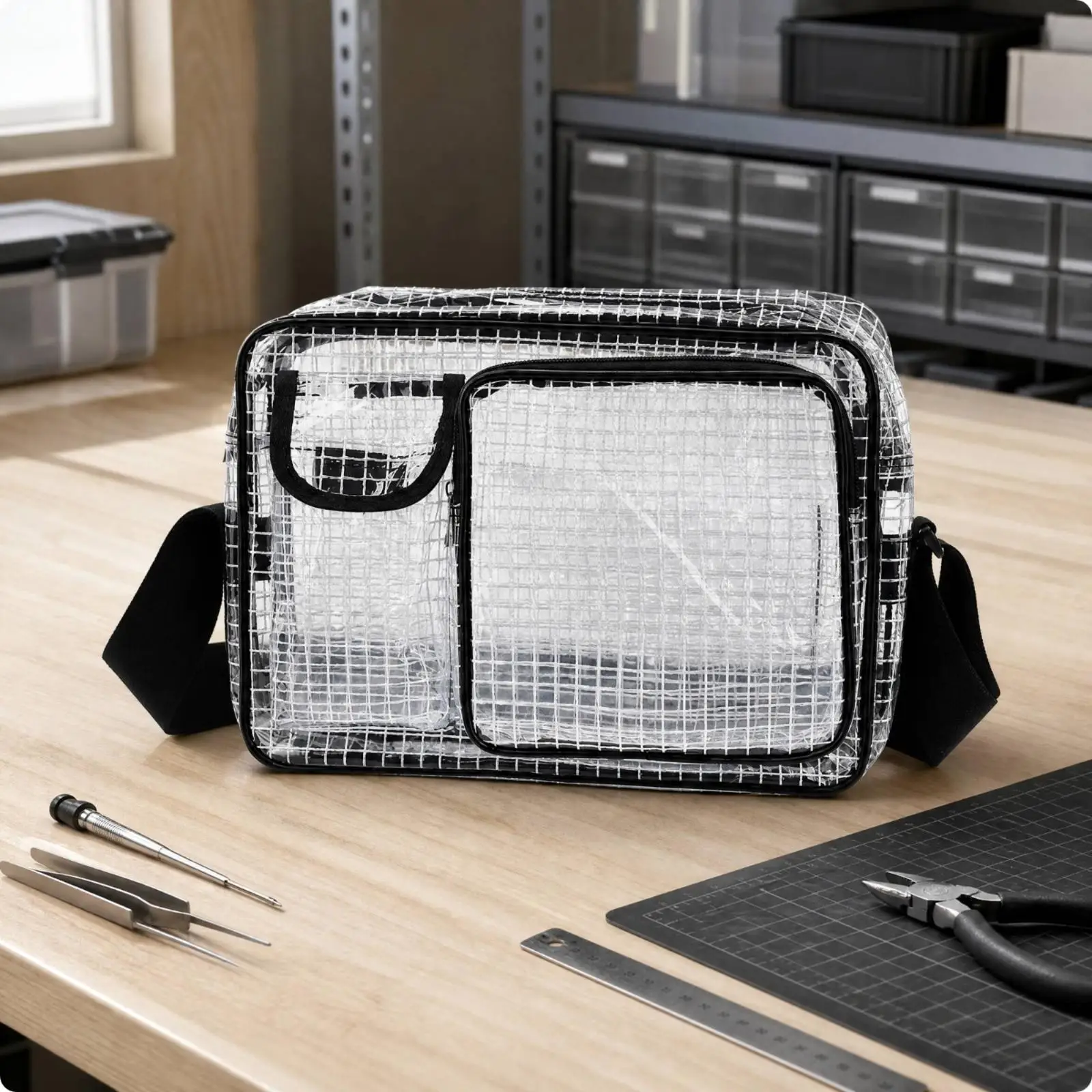 PVC Anti Static Cleanroom Crossbody Tool Bag with Shoulder Strap and Transparent Grid Storage for Dust Free Workshops