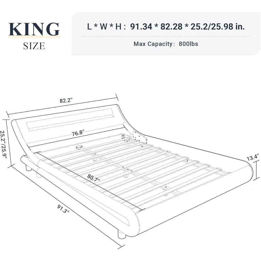 King Size LED Platform Bed Frame with Adjustable Headboard/No Box Spring Need/Easy Assembly/Faux Leather in Black