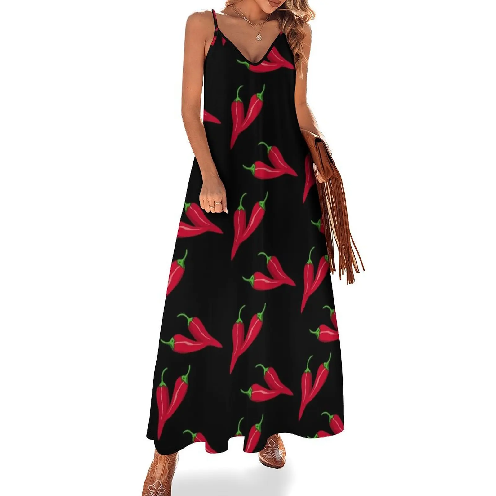 

Spicy red chilli pattern, hot peppers at black Sleeveless Dress Woman clothes ceremony dresses Women's clothing