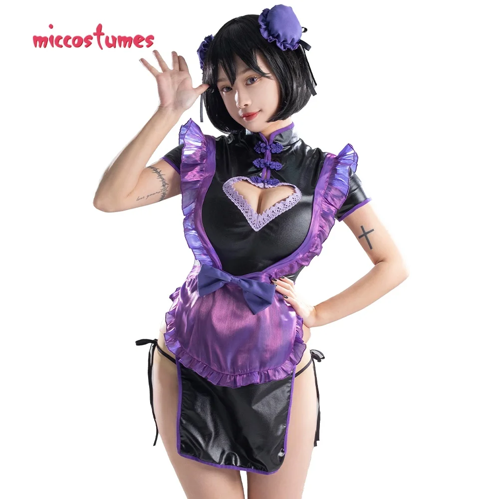 

Miccostumes Women's BAO MAID Sexy Lingerie Set Halloween Purple Maid Style Chest Open Cheongsam Dress with Apron Thong