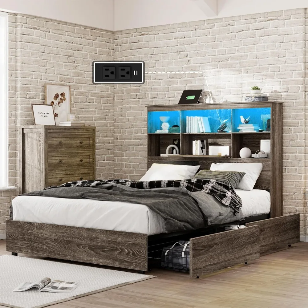 Queen Size Bed Frame with LED Bookcase Headboard, Wooden Storage Bed with Charging Station & 4 Drawers, No Box Spring Needed