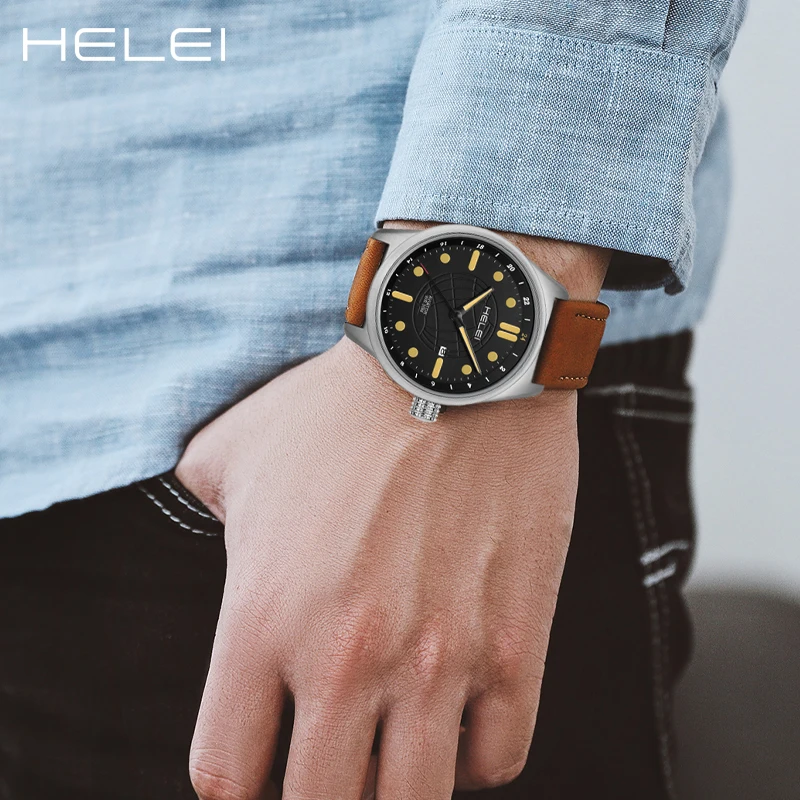 HELEI2024 reloj de cuarzo para hombre, cronógrafo de lujo, de cuero, diseño informal, resistente al agua