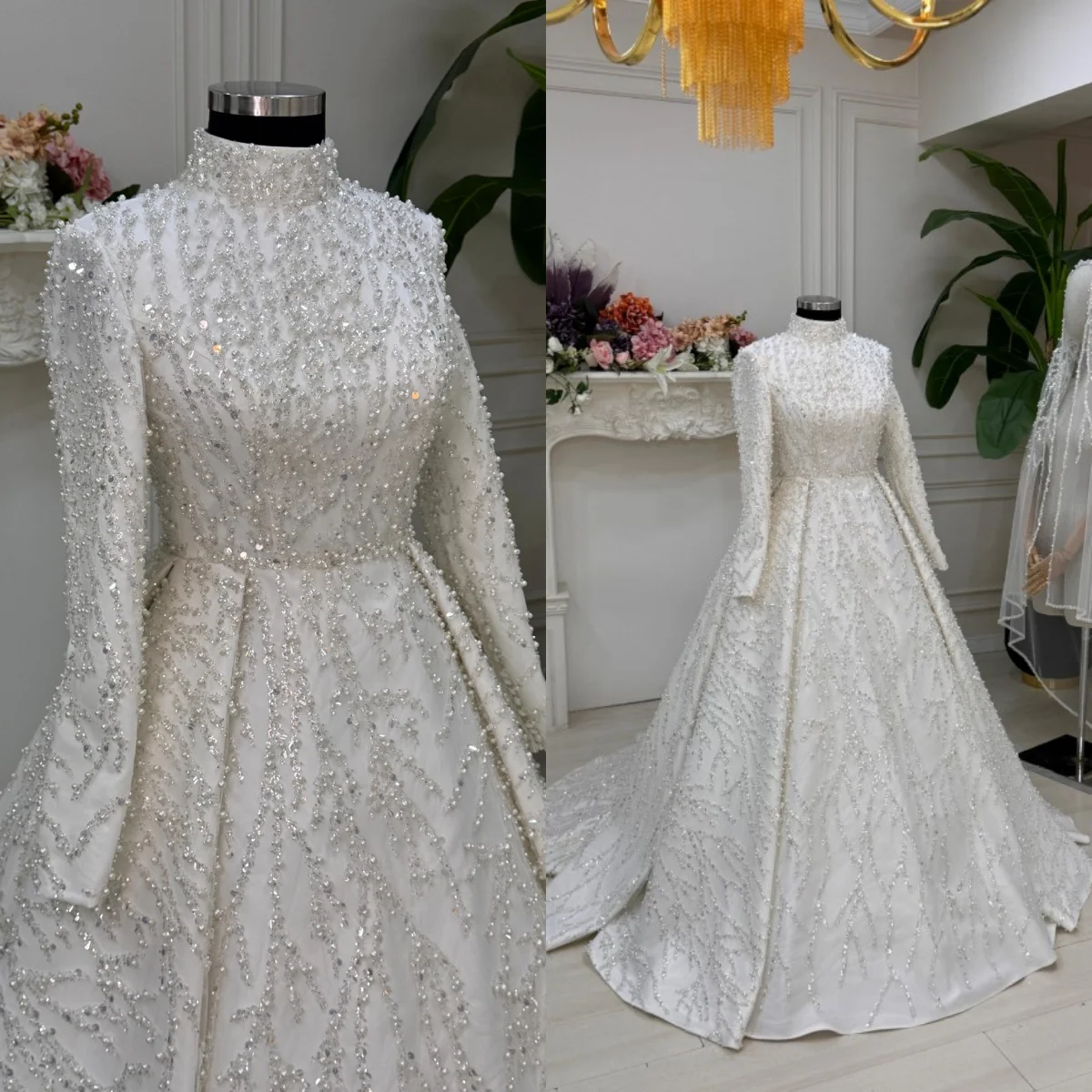 

Customized 2026 Classic White Luxurious Satin Wedding Dress With High Neck Long Sleeves Pearl Sequins A-Side Vestidos De Noiva