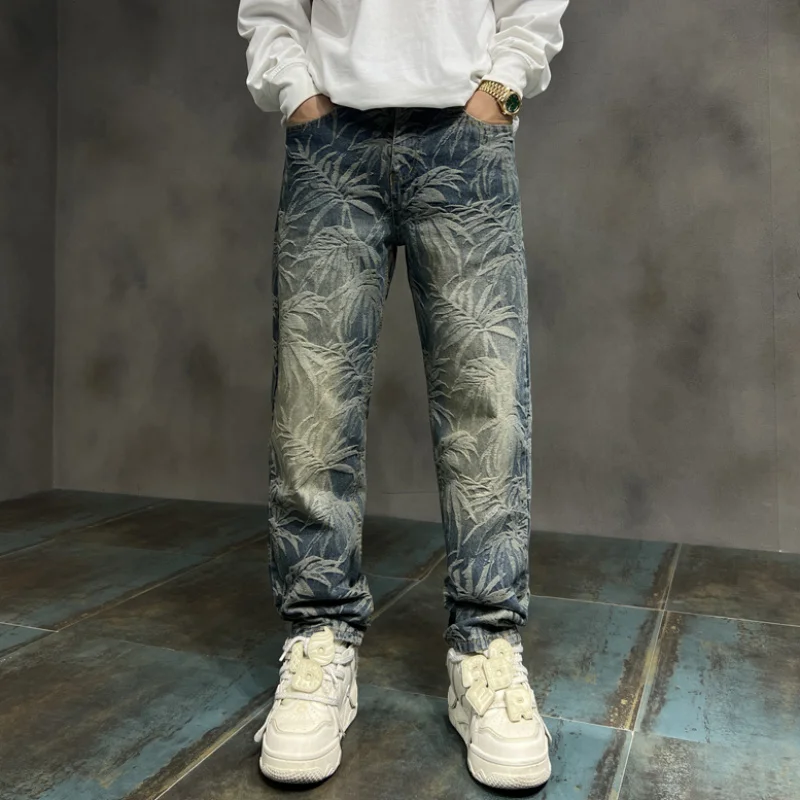 New style jeans men loose fitting comfortable straight tube fashion printing casual trendy brand wide leg hip-hop denim pants