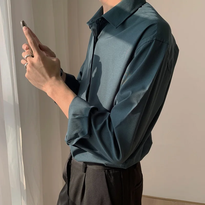 

Elegant Long Sleeve White Shirt Men's Loose Fit Inner Wear Suit Korean Style Spring Autumn Trendy Handsome Flat Front Collar
