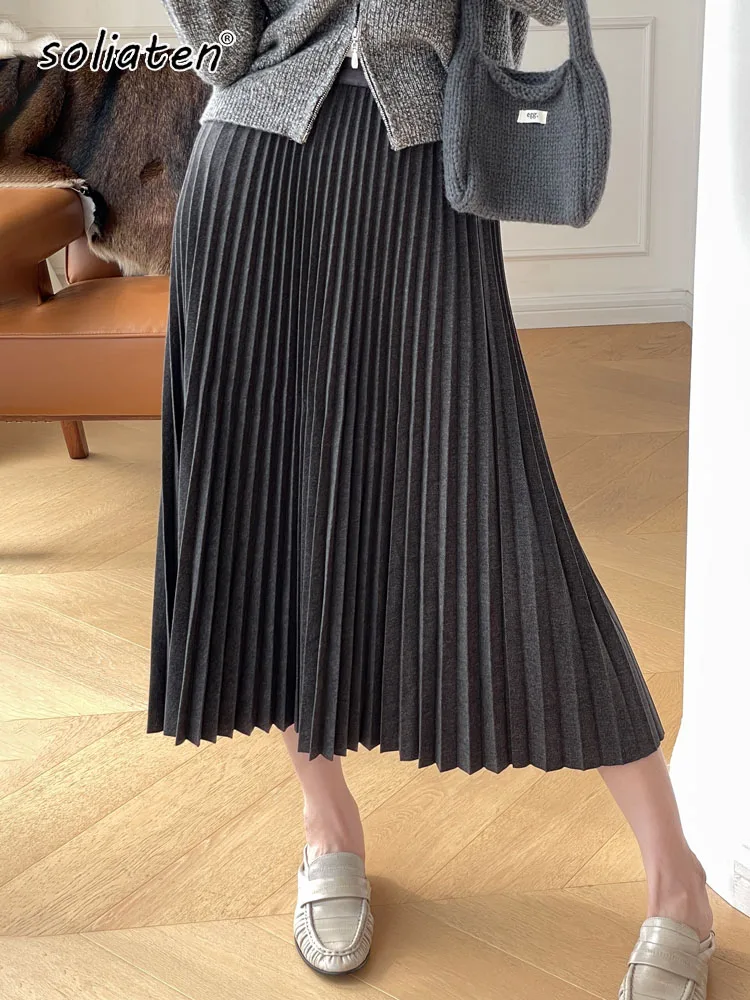 Winter Women Long Woolen Pleated Skirt Fashion High Waist Basic Wool Skirts Female Casual Thick Warm Elastic A-Line Skirts C-295