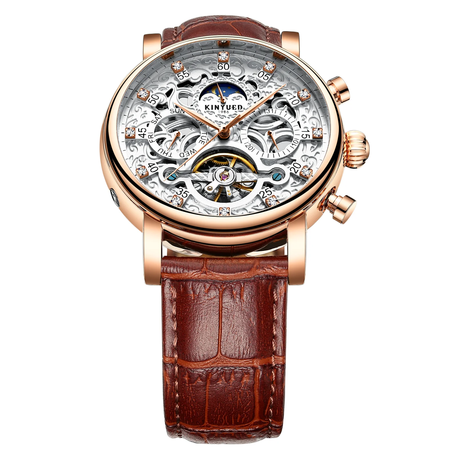 ساعة ميكانيكية أوتوماتيكية بالكامل من KINYUED، ساعة ميكانيكية دولاب الموازنة، ساعة رجالية، ساعة ميكانيكية هيكلية، متعددة الوظائف