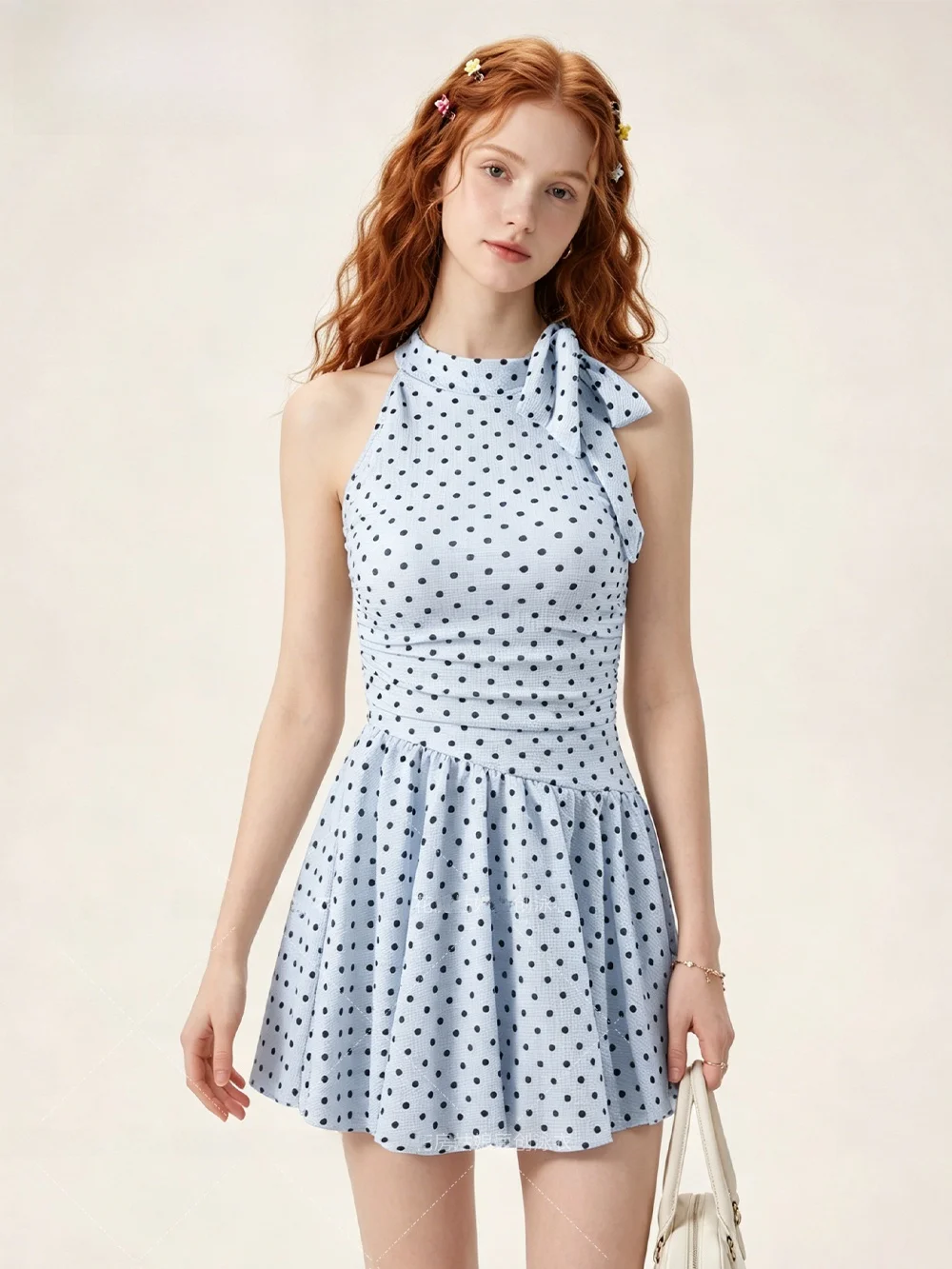 Blue Polka Dot Hanging Neck  Swimsuit Women's  Style Beach Vacation Thermal Spring Casual Swimwear