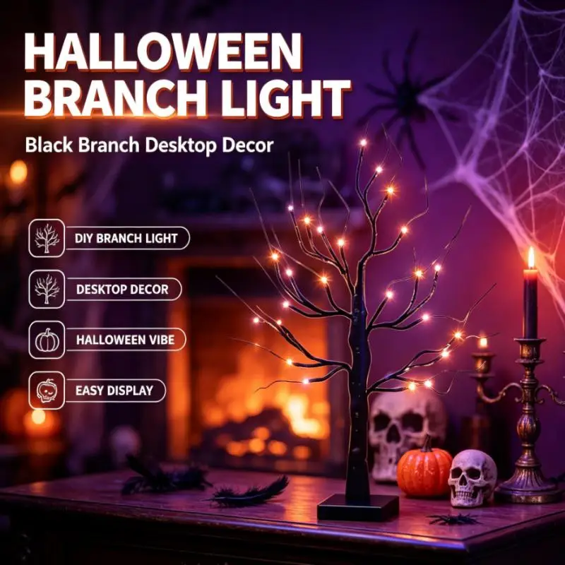 Black Branch Table Lamp, USB and Battery Box Powered Orange or Purple LED Tree Light for Halloween Desktop Decoration