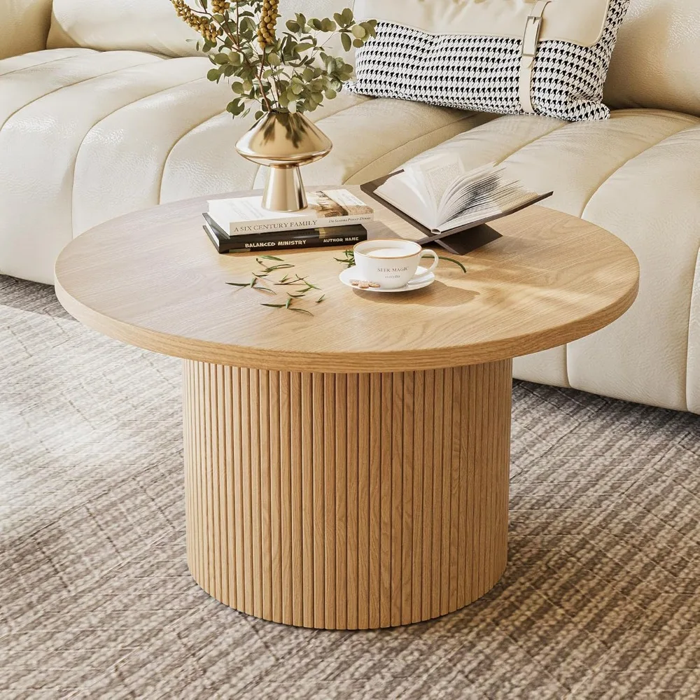 Mesa de centro redonda con almacenamiento, mesas de centro de 35" para sala de estar, mesa central circular con acento de madera para apartamento, roble
