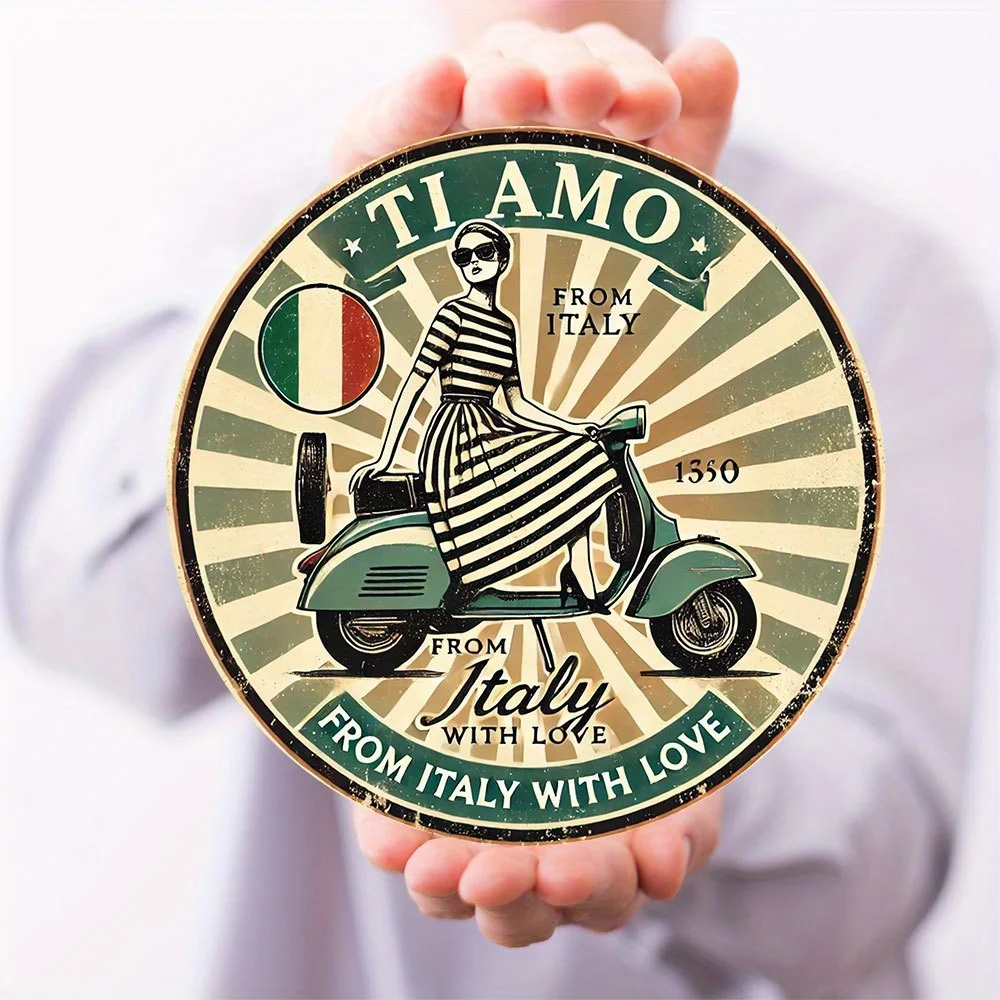 2D flach, 2D-Wandkunst, 1 Stück, 2D-Wandkunst – „Italienische Vintage-Scooter-Schönheit“ – runde Vintage-Metallschild – Spitze für Garage, Bar, Küche