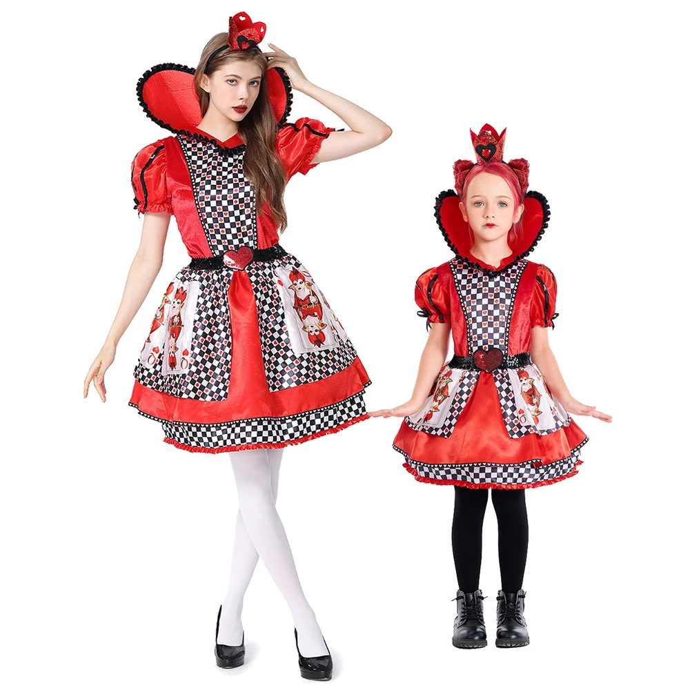ハロウィン不思議の国のアリスハートの女王コスプレドレス大人子供女の子ステージドラマポーカープリントドレスショー衣装