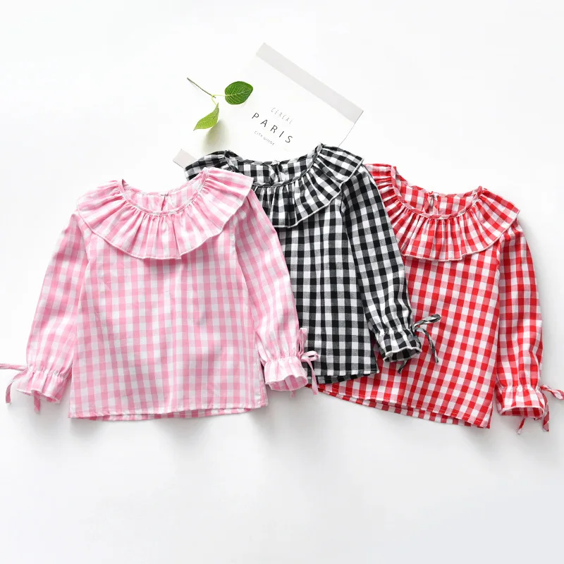 2024 Spring Baby Girls Full Sleeve Blouse Children Checkered Ruffles Collar Shirt Top Kids Flare Jumper Clothes