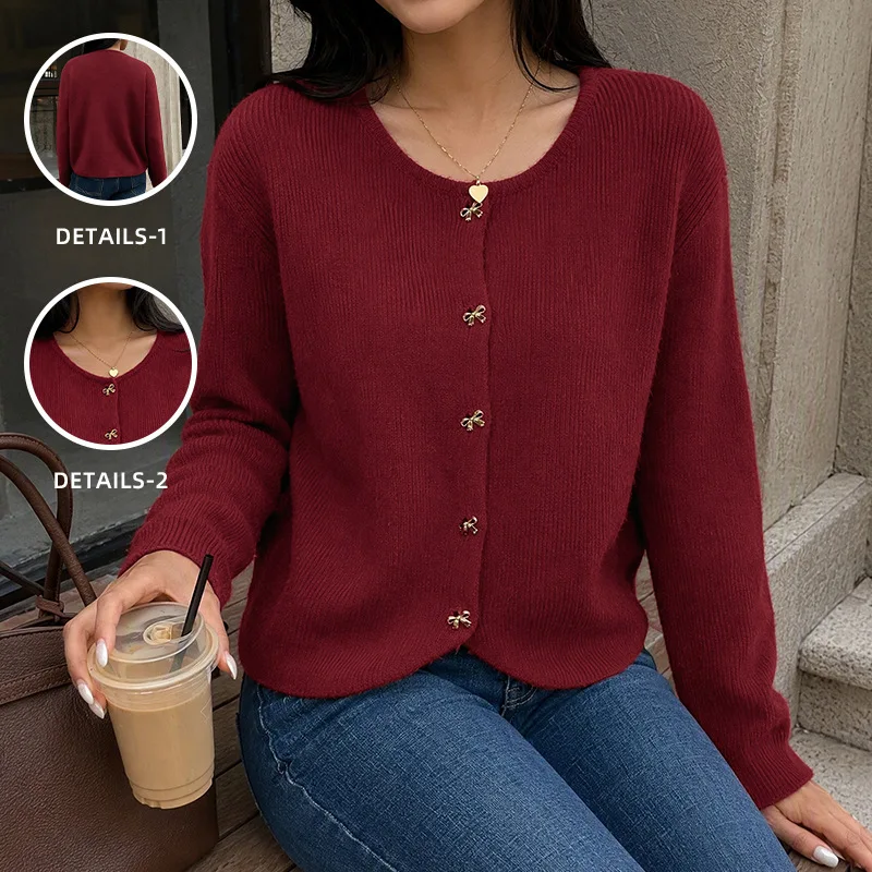 Women Solid Color Crew Neck Metal Button Cardigan Sweater Soft Warm Lightweight Daily Wear Casual Outerwear For Fall Winter Spri