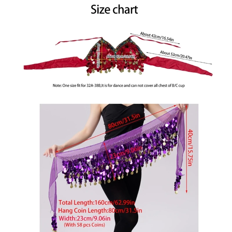 مجموعة أزياء الرقص الشرقي الاحترافية حمالة صدر مطرزة بالترتر ووشاح الورك للعروض المسرحية من نسيج البوليستر العملي #6