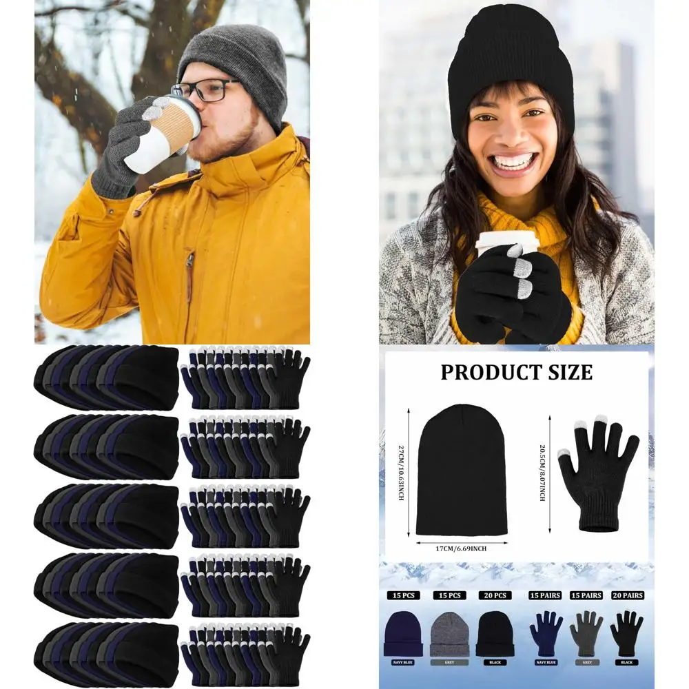 Комплект из 100 зимних шапок унисекс и перчаток с сенсорным экраном для мужчин и женщин — теплая объемная шапка и перчатка в подарок