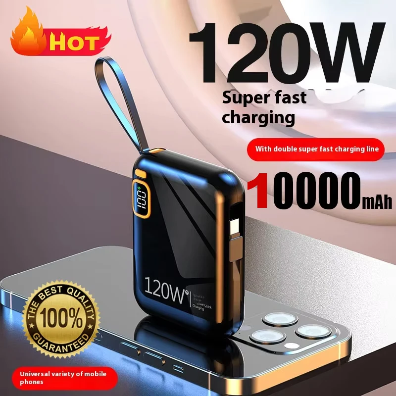 

New 120W 10000mAh Portable Mini Power Bank High Capacity Cable Two-way Fast Charging Powerbank for iPhone Samsung Xiaomi