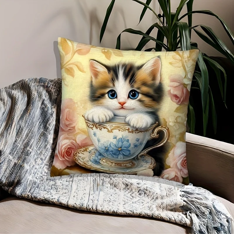 Cute Kitten Teacup Illustration Throw Pillow Case Floral Rose Cushion Cover Square Decor 40x40cm Nursery Room Gift